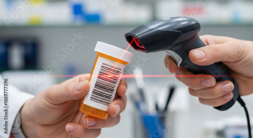 Pharmacist scanning a prescription medication bottle's barcode with a handheld scanner in a brightly lit pharmacy.