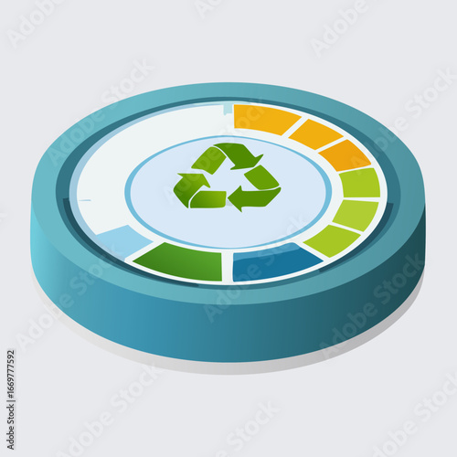 A 3D isometric vector illustration of an eco-friendly recycling progress dial, representing a sustainable circular economy and resource management concept