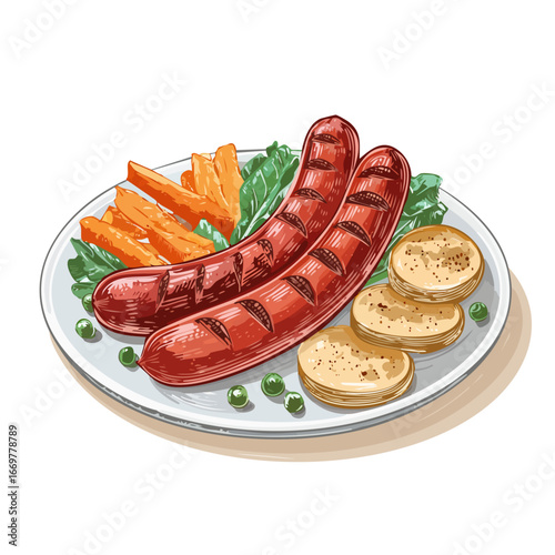 grilled sausages served on a plate with vegetables