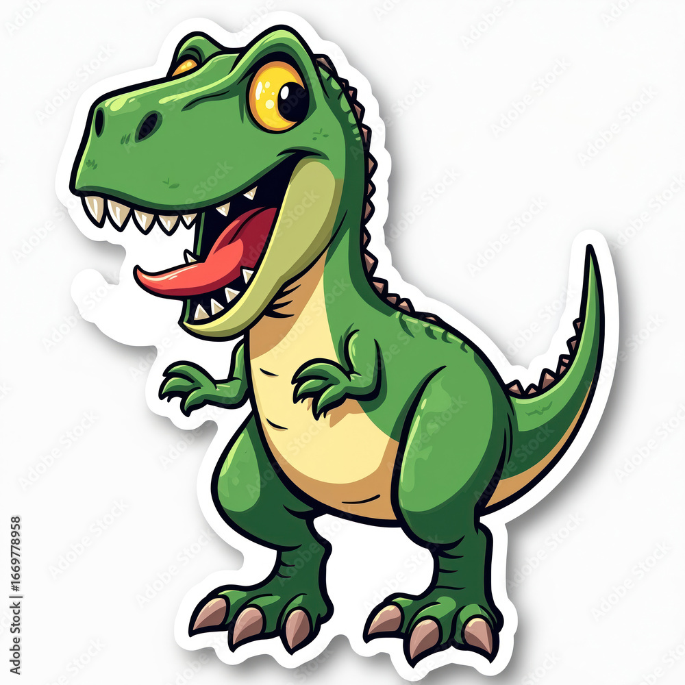 Fototapeta premium Funny cartoon Tyrannosaurus Rex dinosaur sticker illustration with big yellow eyes, wide open mouth showing red tongue. Cute green T-Rex character smiling, looks friendly, happy, perfect for kids.