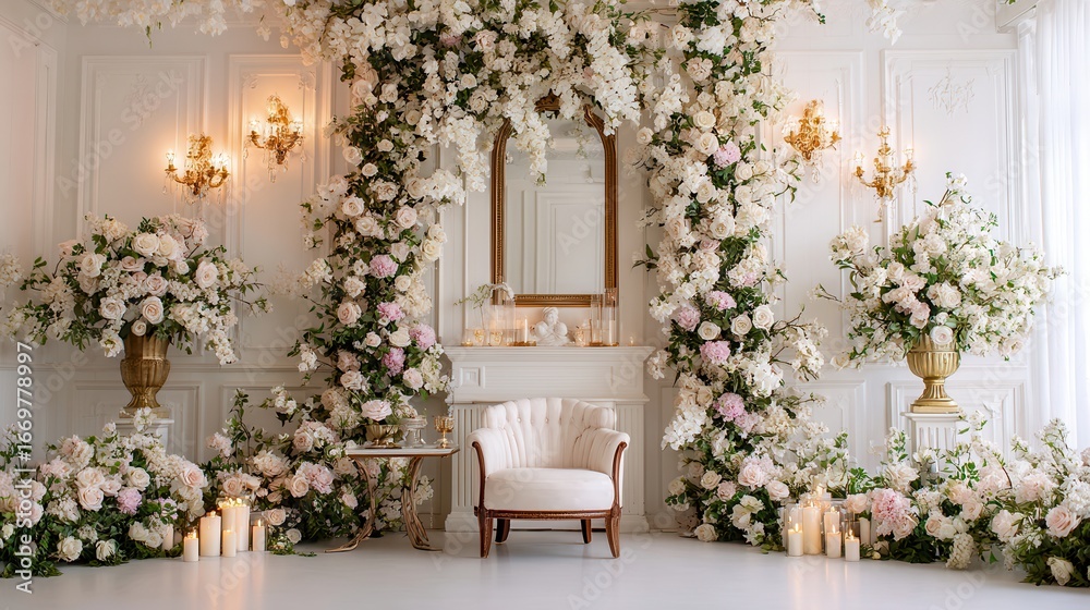 Fototapeta premium Elegant wedding ceremony decor with abundant floral arrangements and ornate mirror creating a romantic atmosphere