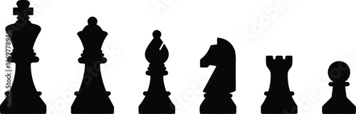 Chess pieces silhouette, king, queen, bishop, knight, rook, pawn, black icons, strategy, game, isolated, vector, symbols, classic, tournament, abstract, minimal, 