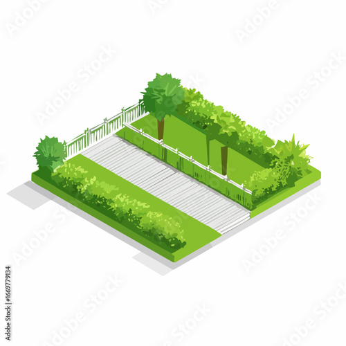 Isometric Garden Design with Greenery and Pathway