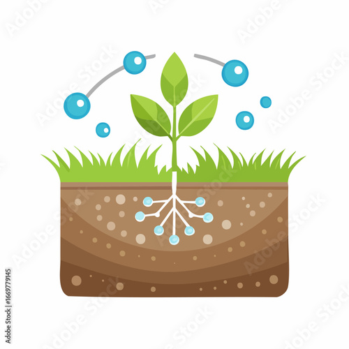 Plant growing in soil with roots leaves water and air bubbles