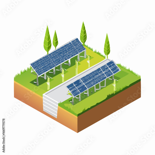 Sharp isometric layout of a solar power generation facility. A flat design concept for sustainable green energy and climate action