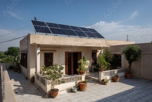 Small beige house in rural India with rooftop solar panels and mountain view.
