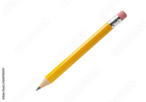 Isolated yellow pencil with eraser and sharpened point, instrument for drawing, writing