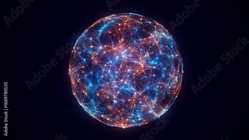 Abstract sci-fi sphere with particles. Technology network connection on world. Futuristic illustration. Global digital connections ai. 3D wireframe geometric sphere. 3D rendering.