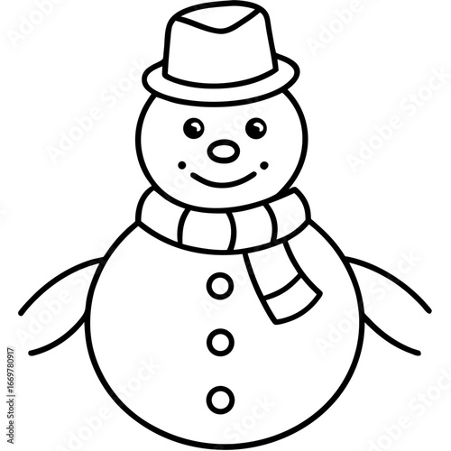 A cute cartoon snowman with a hat and scarf stands in the snow, a cheerful illustration of the winter holiday season