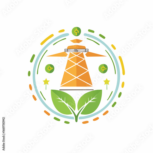 Green energy concept with electricity pylon and leaves