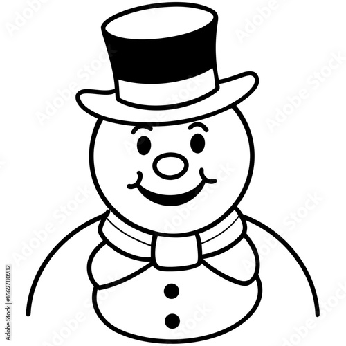 A smiling snowman in a top hat and scarf holding a broom on a winter day