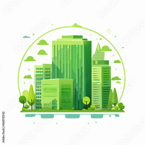 Ecofriendly green city buildings with trees and clouds