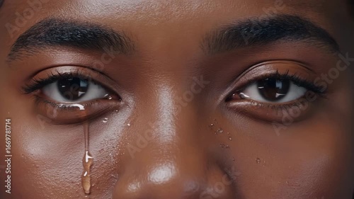 Close-up of a person’s tearful eyes with cinematic lighting.