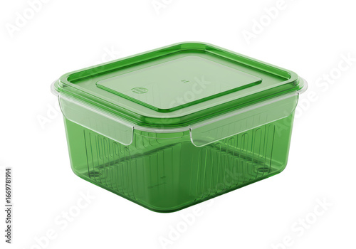 Isolated green plastic food storage container with lid, food preservation for refrigerator