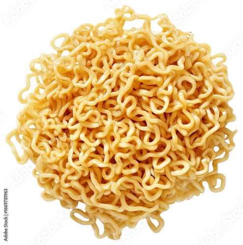 isolated top down shot of mound of cooked instant ramen noodles
