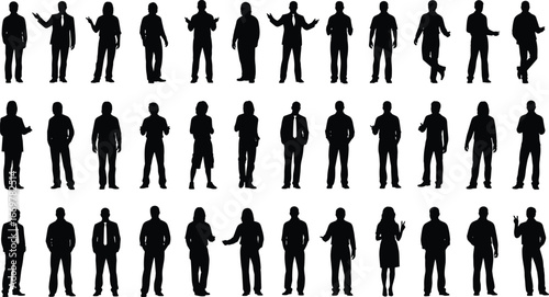 Business and casual people silhouette collection in various standing poses, diverse stances, gesture variations, vector illustration on white background