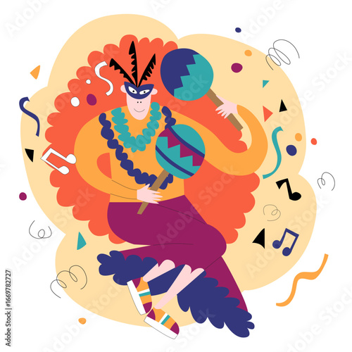 vector illustration in flat style on the theme of carnival, holiday, festa junina. Dancing people with maracas and drums. Music, festive atmosphere
