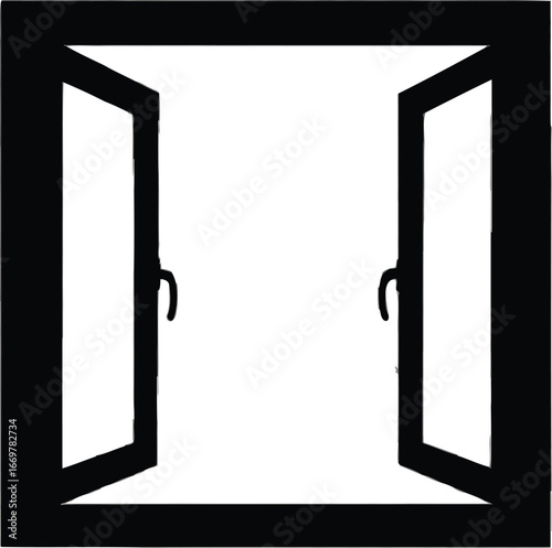 Black and White Silhouette Icon of a Square Window with Two Outward-Opening Panes Featuring Manual Handles, Emphasizing Symmetry, Simplicity, and the Concept of Openness