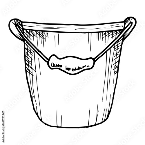 Metallic bucket for storing flowers. Vector illustration of a box. Simple black graphic, hand drawn in doodle style. Outline drawing of a garden item for packaging design, postcard. Thanksgiving Day