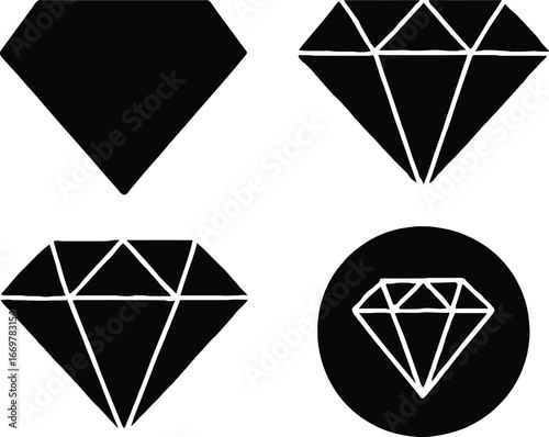 Four Stylized Diamond Icons in Black and White Featuring Geometric Facet Designs, Including Solid Diamond, Faceted Gemstone, Complex Triangular Cut, and Circular Frame with Internal Diamond 