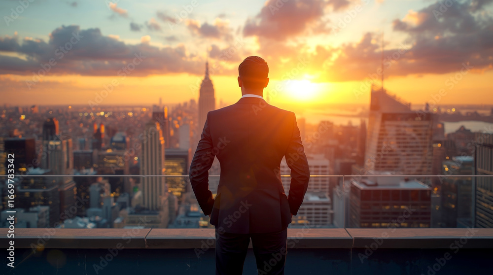 Fototapeta premium The Power of Leadership. dressed in a sharp business suit, stands on a rooftop overlooking a bustling cityscape at sunset. They are looking out over the city with a sense of purpose and vision
