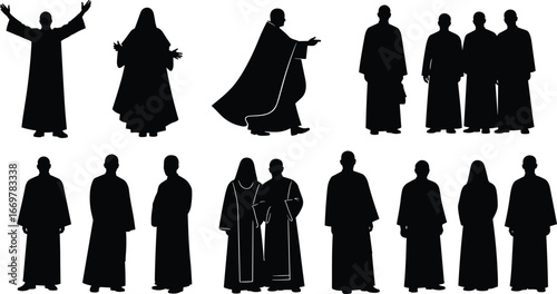 Twelve robed silhouette figures in diverse poses and gestures, vector illustration of monks or clergy on white background for design use