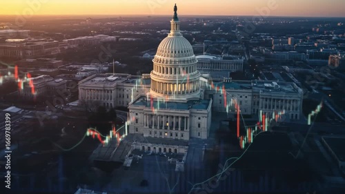Aerial view of the united states capitol building with superimposed stock market candlestick charts at dusk