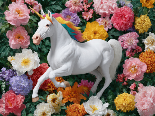 White unicorn with rainbow mane and golden horn trotting among vibrant peony and dahlia flowers conveying joyful fantasy and wonder