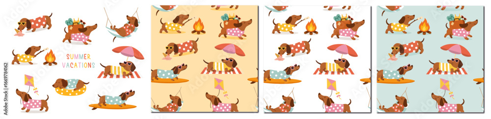 Obraz premium FULL SET OF DACHSUND IN SUMMER VACATIONS - CUTE DOG ILLUSTRATION AND PATTERN FOR INVITATIONS, GREETING CARD AND PRINTS