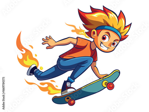 Cartoon boy with fiery hair is skateboarding with flames and