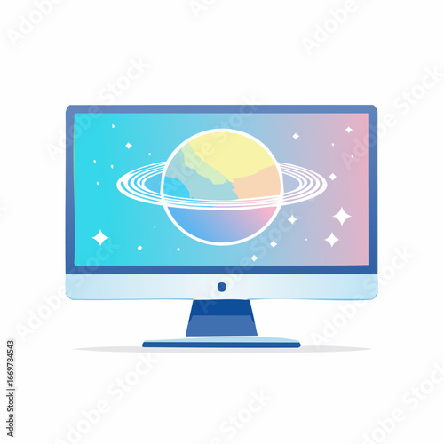 Computer Monitor Displaying a Colorful Planet Illustration