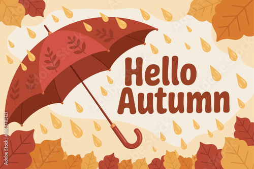 Hello Autumn Illustration with Umbrella, Falling Leaves, and Seasonal Greeting