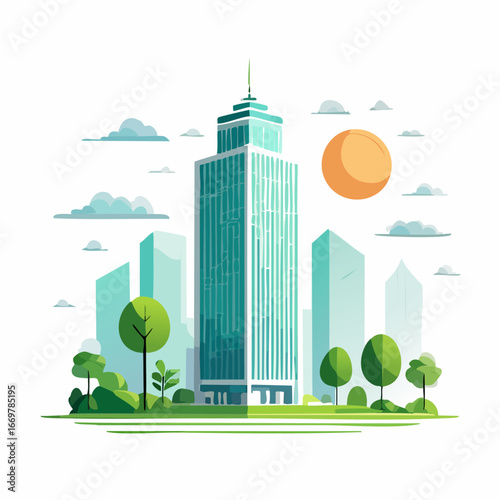 Green Skyscraper in a Modern City Skyline Illustration