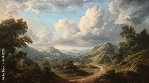 Fototapeta Naklejka Na Ścianę i Meble -  An opulent impasto oil painting in the baroque style of Dutch Golden Age still life, featuring a majestic a serene landscape with a winding road disappearing into misty mountains.