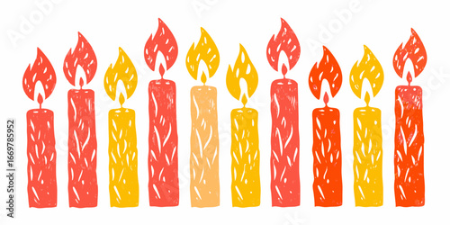Row of colorful hand drawn candles with flames on white background fire burning
