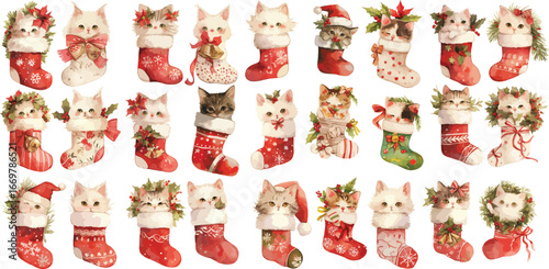 christmas kitten in stocking watercolor clipart 
