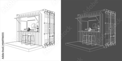 Detailed Wireframe Line Drawing of a Modern Shipping Container Kiosk or Concession Stand blueprint