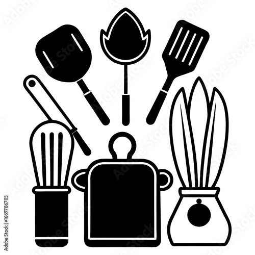 A modern kitchen utensil set with essential tools for cooking and baking