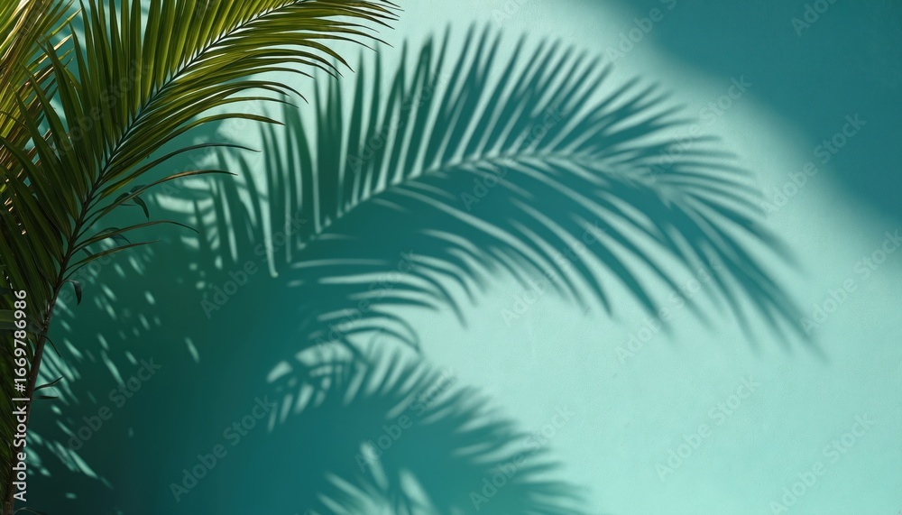 Fototapeta premium Palm leaf shadows on teal background offer tranquil, tropical vibe. Intricate leaf veins create natural, organic pattern with crisp detail. Close-up plant foliage, contrast, serene beauty.