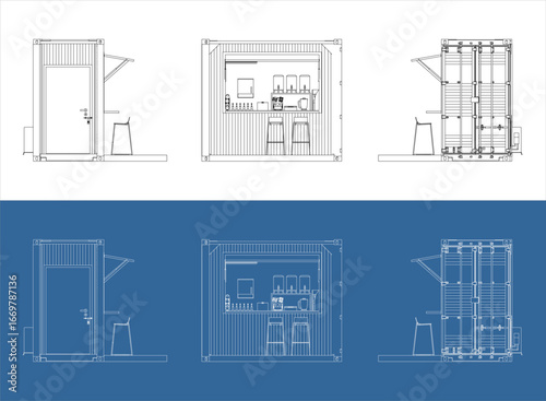 Set of a Modern Shipping Container Kiosk or Concession Stand, with Various Orthographic Views for Architectural and Technical Concepts. Detailed Blueprint and Line Drawing
