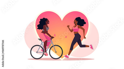World Heart Day – Two Women Cycling and Running with Heart Symbol