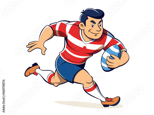 A rugby player is running with the ball during a rugby match