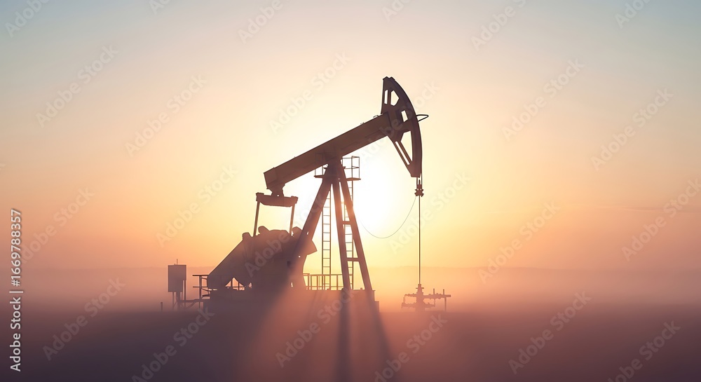 Silhouette of an oil rig at sunrise, bathed in warm golden light, casting dramatic shadows across a hazy landscape.