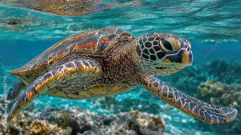 Fototapeta premium Green sea turtle gliding through clear ocean waters, surrounded by dappled sunlight and coral
