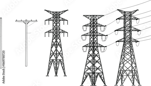 Electricity transmission tower vector, powerline pole design, high voltage pylon blueprint, utility energy structure, industrial electric infrastructure,