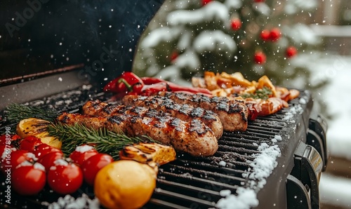 Cozy winter barbecue in a home garden, with Christmas season food preparation outdoors amidst chilly weather. The snow-covered surroundings add a festive touch to the grilling, Generative AI