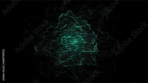 Vector digital technology wave. Dark cyberspace with green motion dots. Explosion of a wave of particles in a flow. Futuristic digital background. Big data analytics.