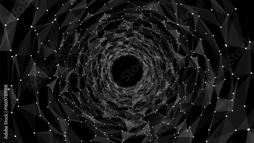 Abstract sci-fi black tunnel. Wormhole absorbs cyberspace. 3D portal. Vector futuristic fantasy high-tech funnel.