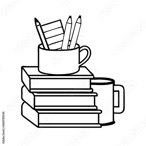 A warm cup of coffee rests next to a large stack of books, symbolizing a cozy study or a peaceful moment of reading