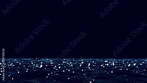 Technology vector perspective grid background. Digital space wireframe landscape. Dark cyberspace with blue motion dots and lines. Futuristic digital mesh background. Big data analytics.